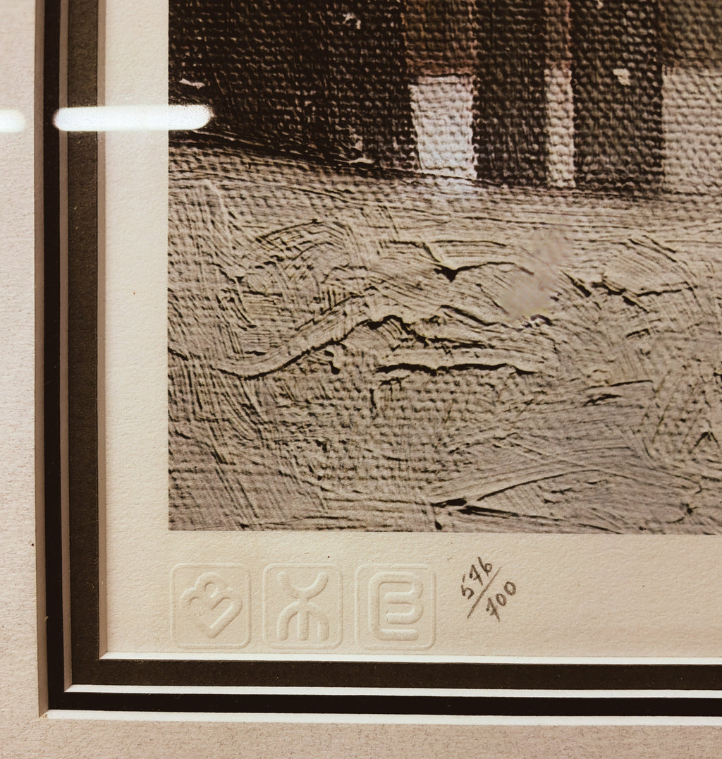 Edition number 596/700 and embossed publisher seals on mat — A.J. Casson Snow Flurries