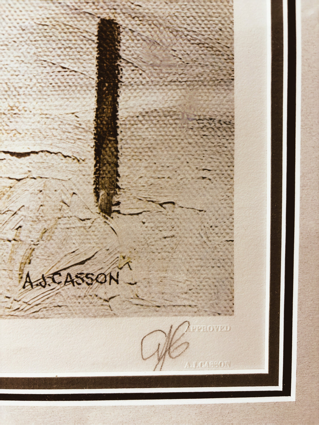 A.J. Casson hand signature in pencil with Approved notation below Snow Flurries print