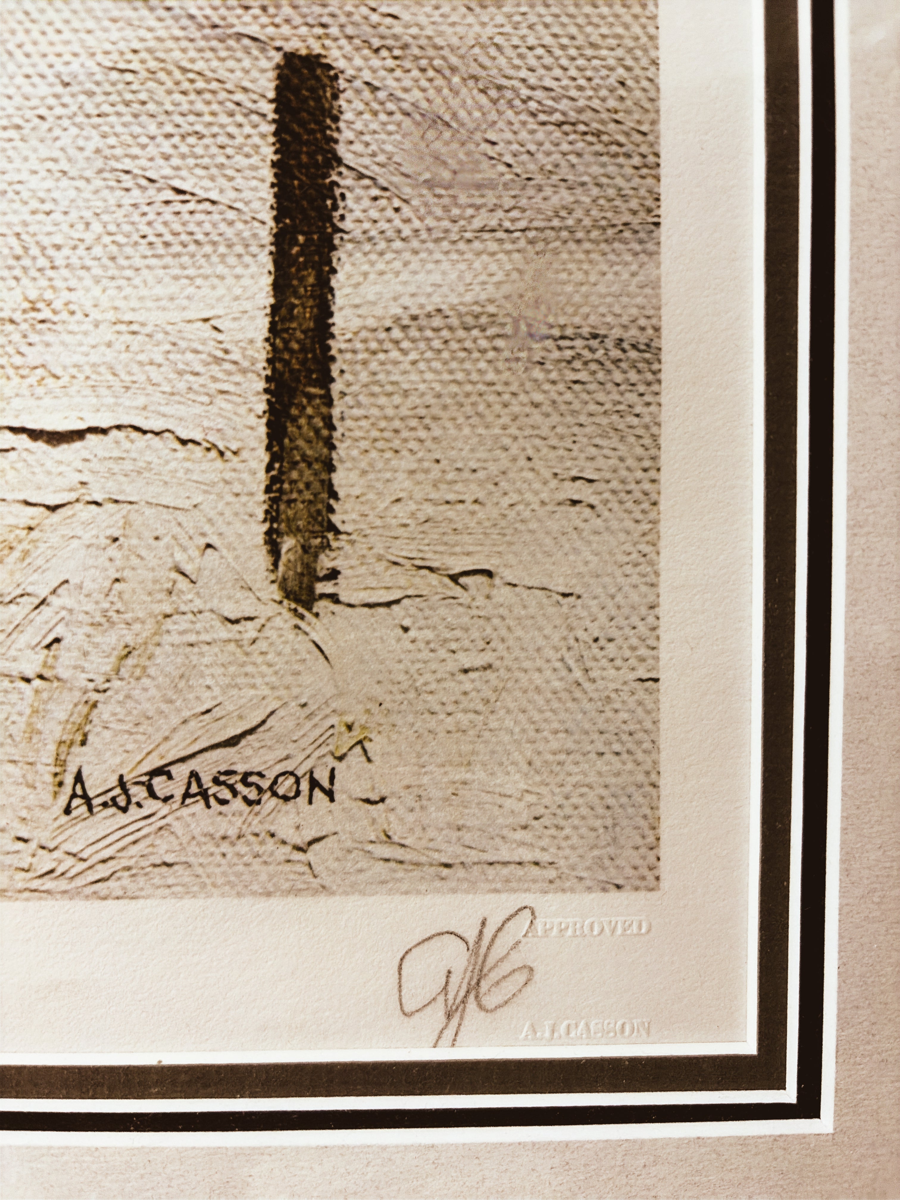 A.J. Casson hand signature in pencil with Approved notation below Snow Flurries print