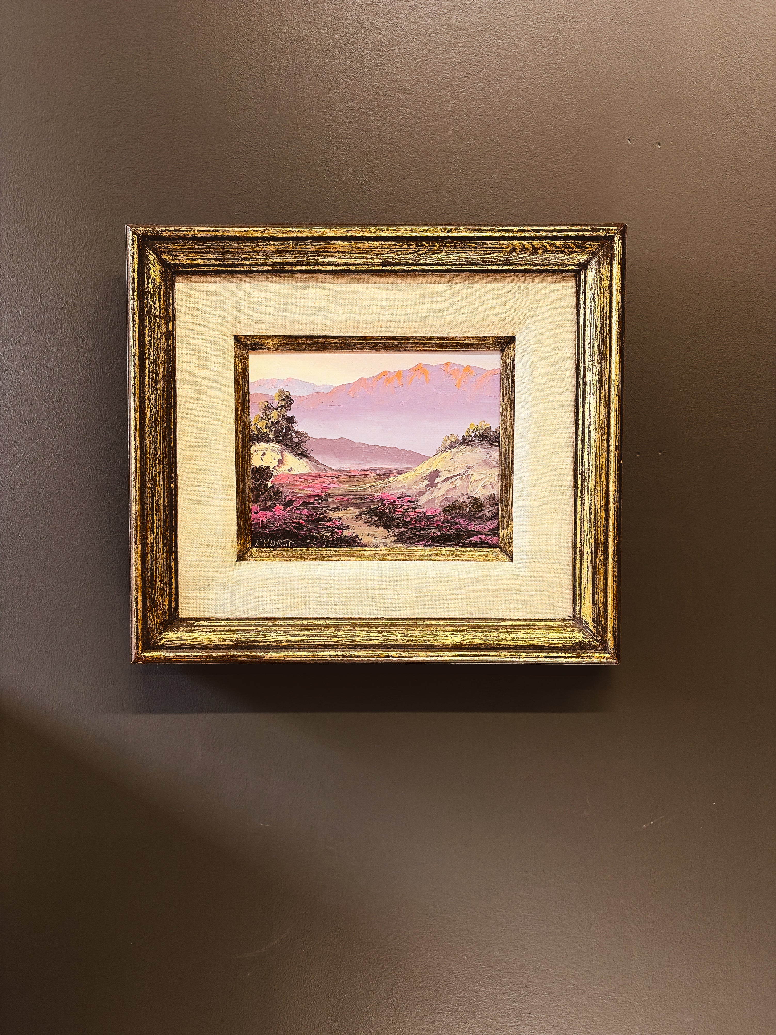 Desert landscape oil painting by E. Hurst — framed, hung on wall