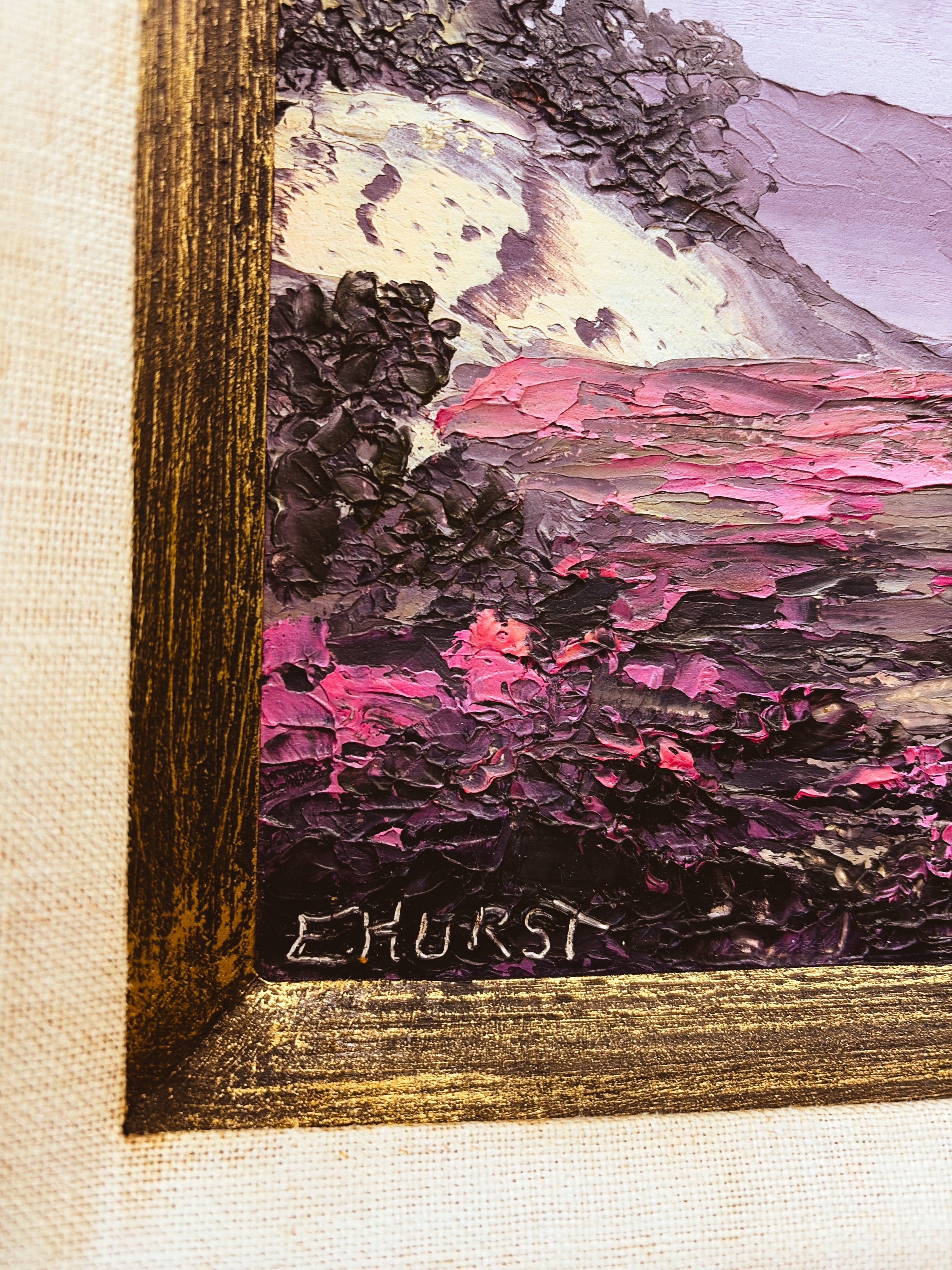 Close-up of E. Hurst signature lower left corner of desert landscape painting