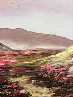 Detail of impasto palette knife work — magenta blooms and mountain landscape
