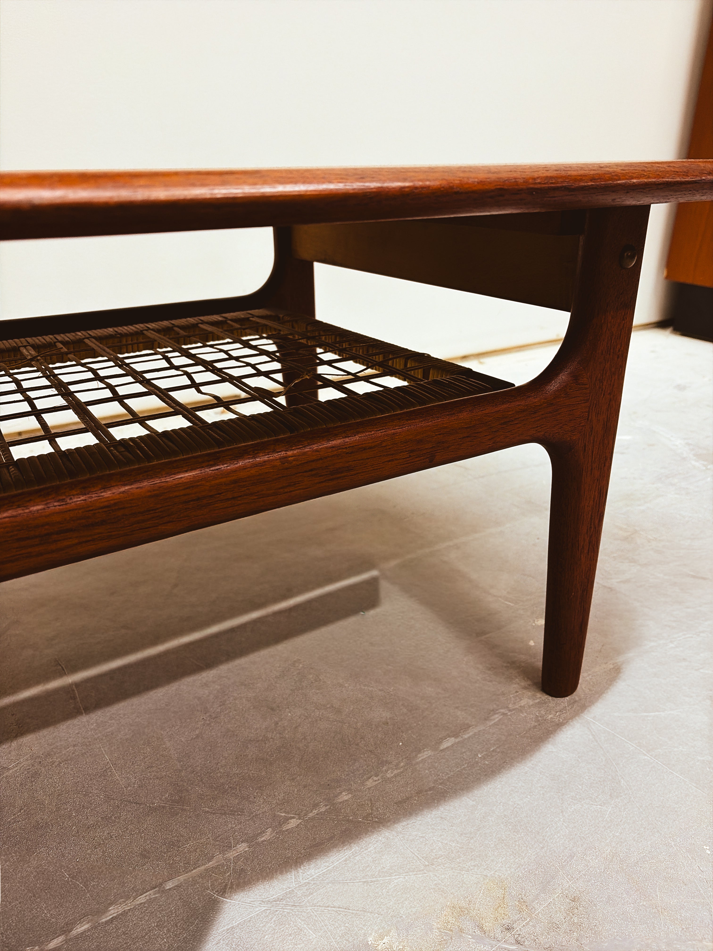 Mid-Century Teak Coffee Table with Cane Shelf